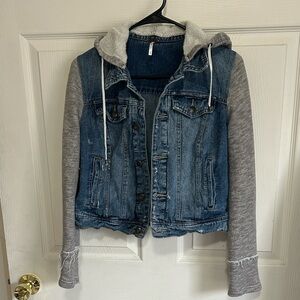 Free People Blue Denim Vest with Gray Knit Hood & Sleeves